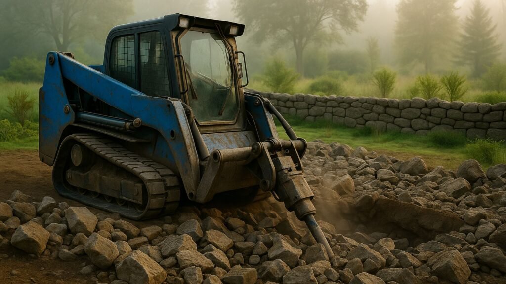 Blue skid steer with hydraulic breaker working Connecticut rocky excavation site