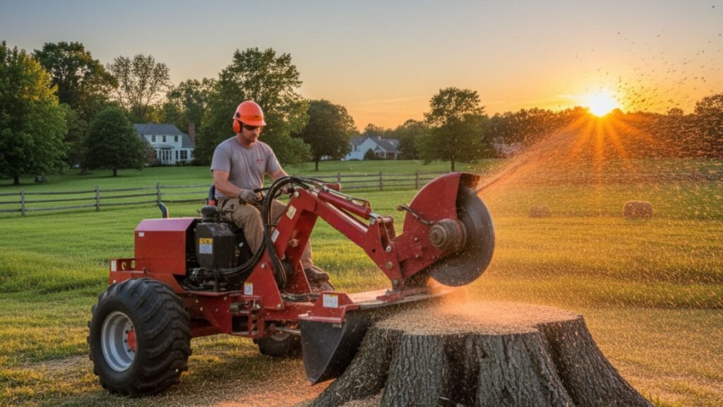 Heavy red stump grinder removing oak stump at Connecticut rural house with barn background