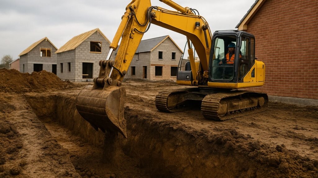 Tracked excavator safely operating in foundation trench at housing construction site
