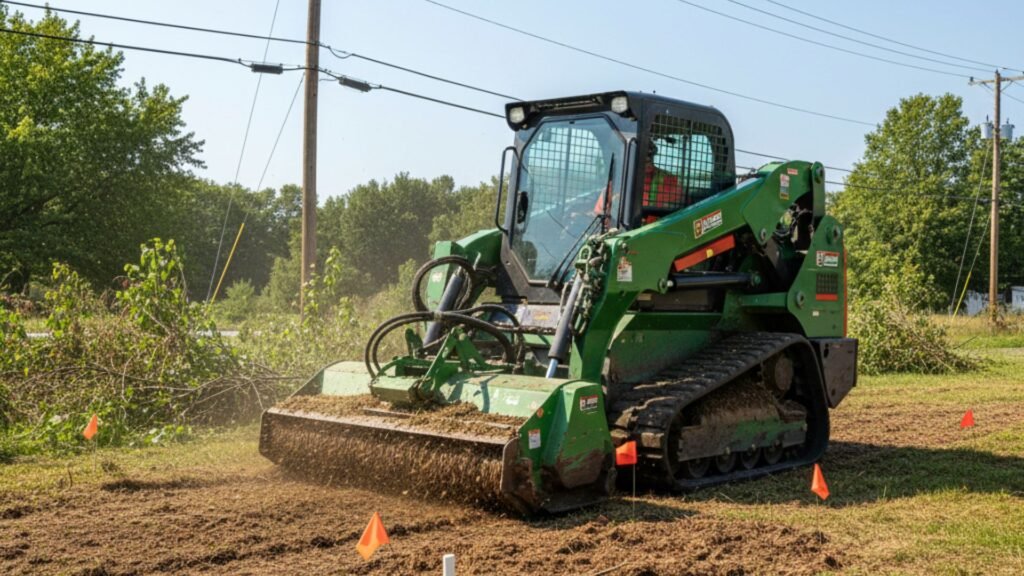 Mulching machine working carefully around utility markers and flags