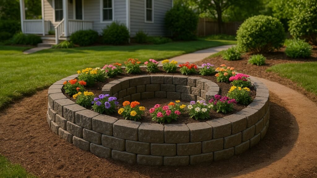Semi-circular raised garden bed built with concrete blocks containing colorful flowering plants