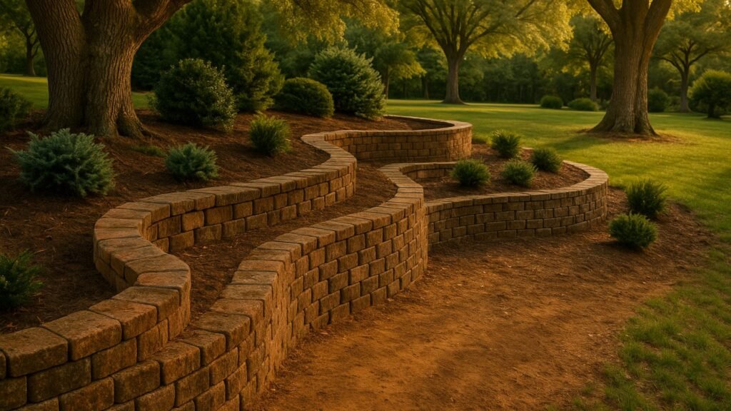 Winding serpentine retaining wall made of weathered brick curves through mature landscaped area
