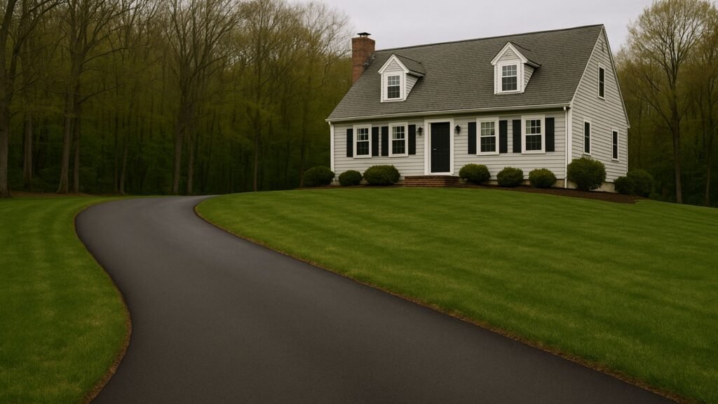 Upward-curving driveway leading to cape-style CT house