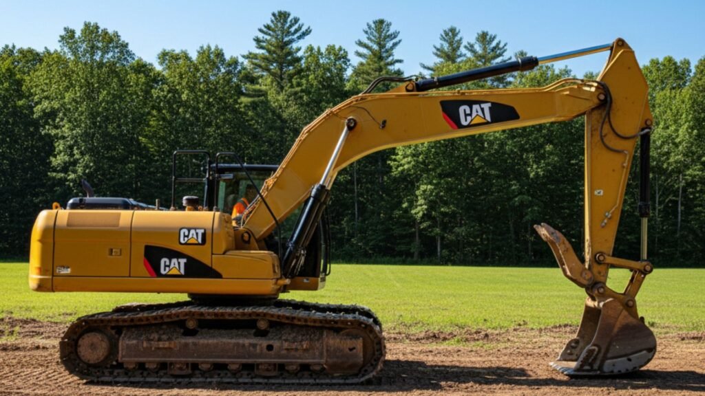 Side view of professional excavator with extended boom on construction site in Naugatuck Connecticut