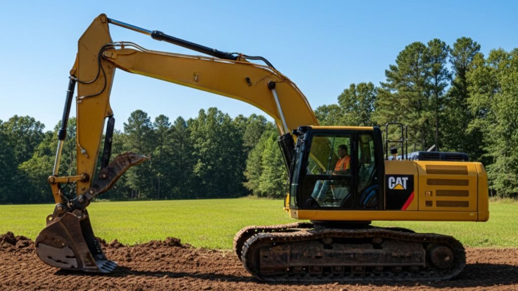 Side view of professional excavator with extended boom on construction site in Oakville Connecticut