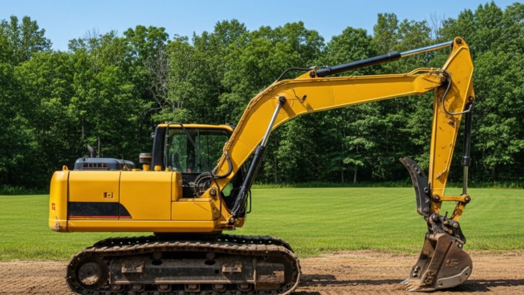 Side view of professional excavator with extended boom on construction site in Prospect Connecticut