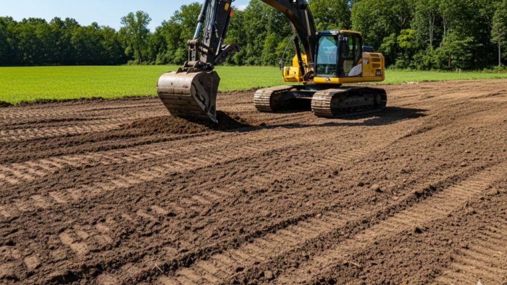 Excavator performing site preparation work with green field background in Naugatuck Connecticut