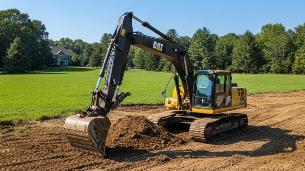 Excavator performing site preparation work with green field background in Oakville Connecticut