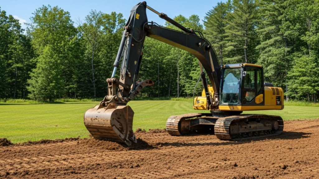 Excavator performing site preparation work with green field background in Prospect Connecticut