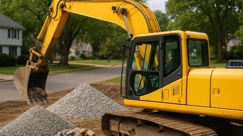 Excavator loading concrete and stone for site preparation in Connecticut