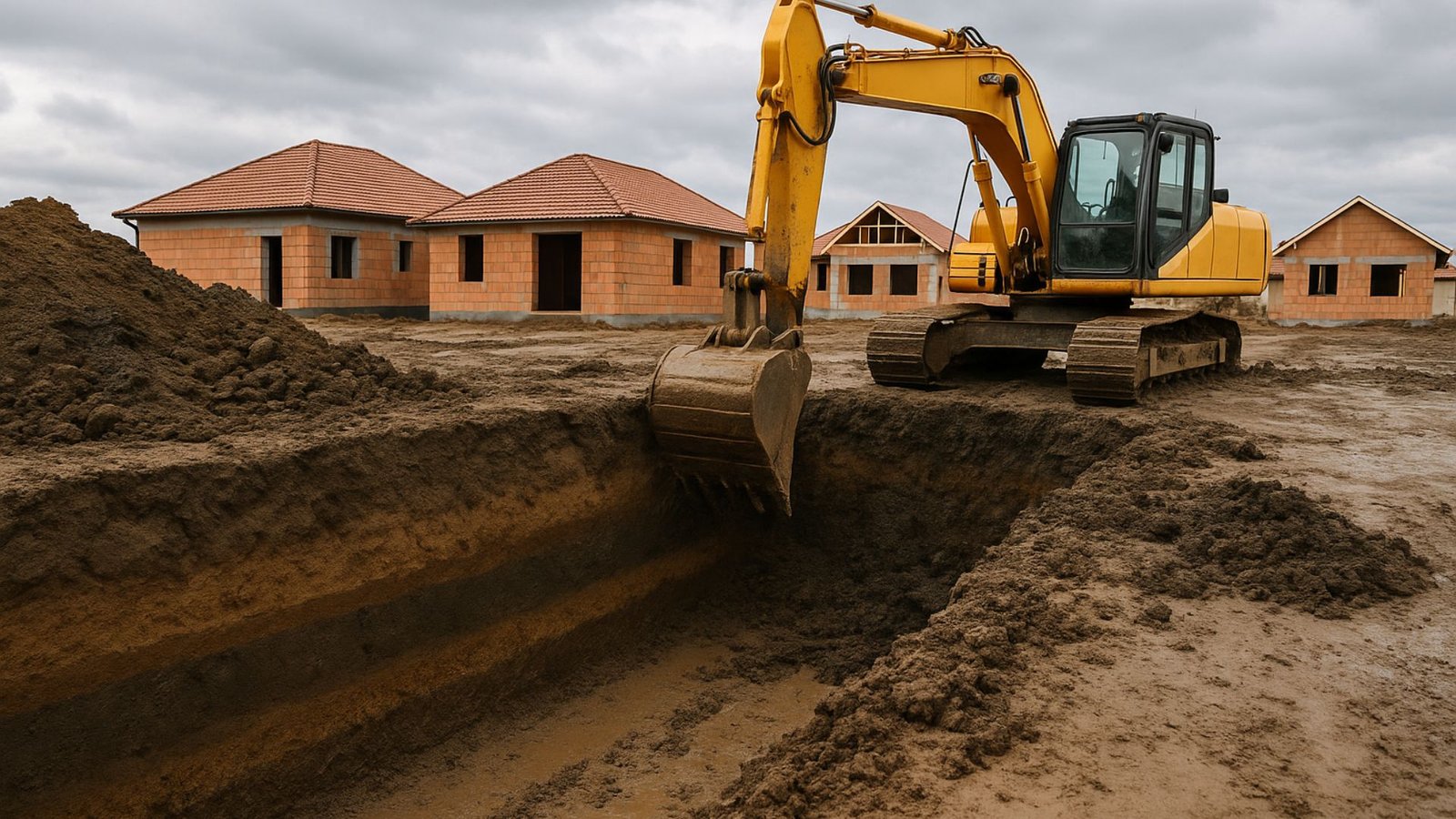 Foundation trench showing exposed soil layers with construction equipment above
