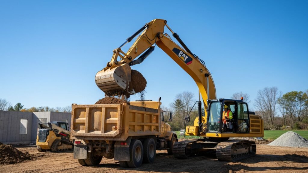 Excavator loading soil into dump truck at residential construction site