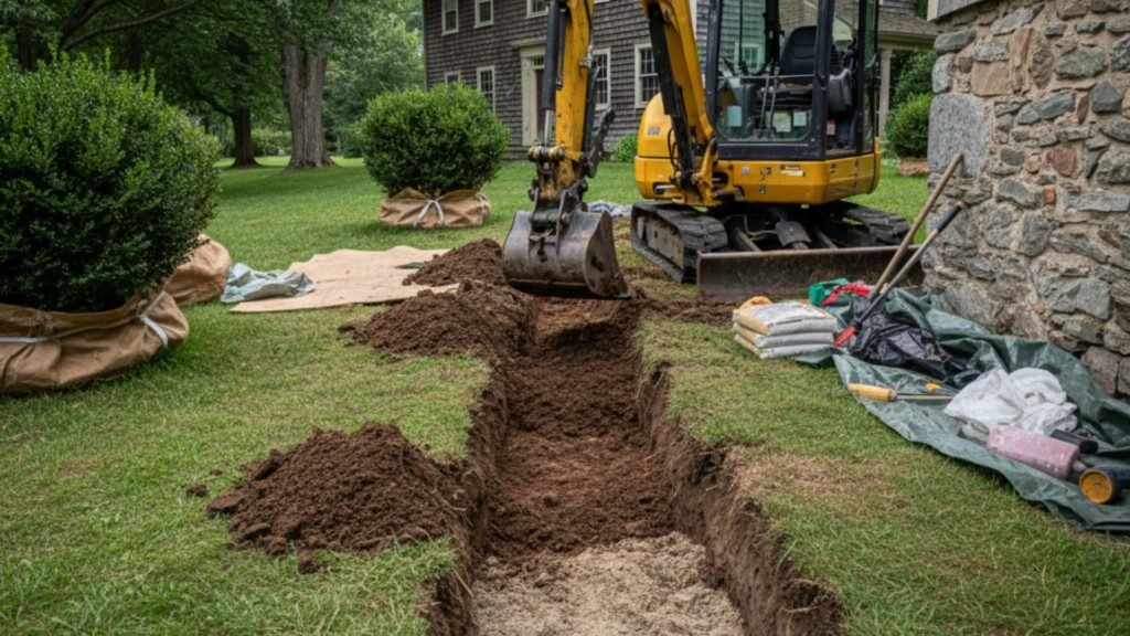 Mini excavator carefully exposing foundation for repair at Colonial home in Seymour CT