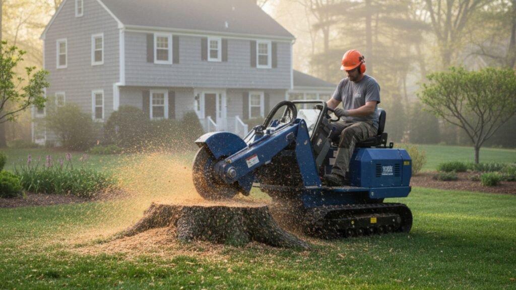Blue tracked stump grinder removing pine stump in Connecticut yard with Cape Cod house behind