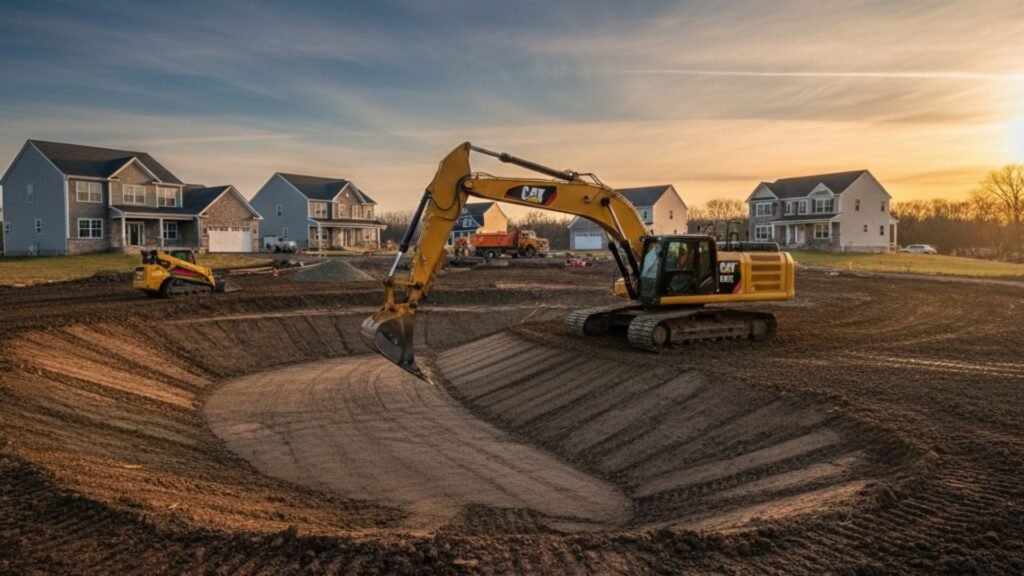 Excavator creating stormwater retention pond for residential development project