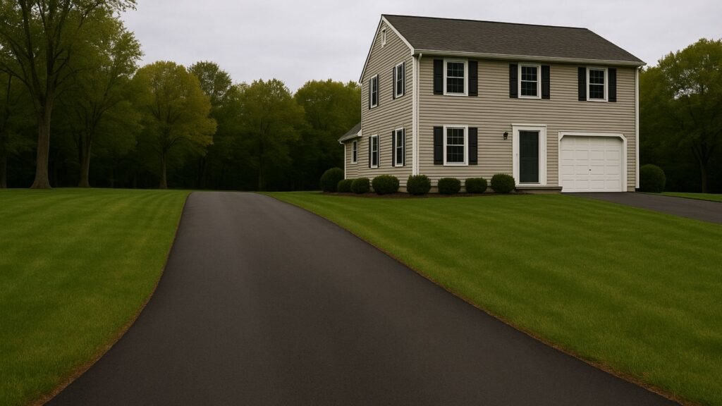 Gently sloped driveway leading to garrison-style CT house