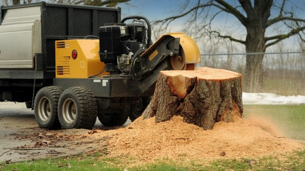 Yellow stump grinder cutting through a large tree stump while producing wood chips around the work area