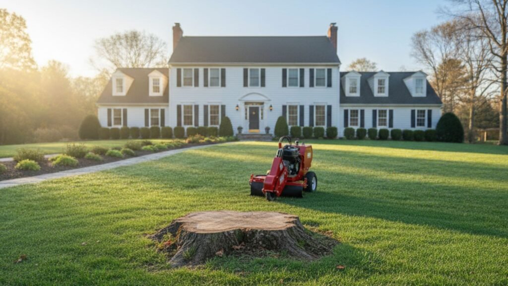 Red stump grinder beside a tree stump in well-maintained Connecticut front yard