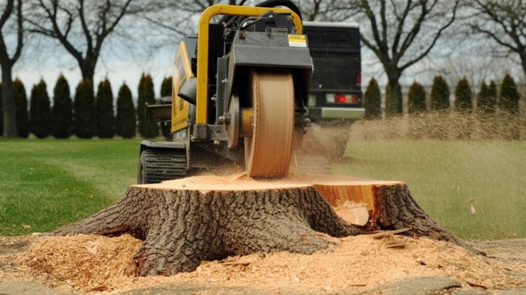 Stump grinder removing tree stump on Connecticut residential property with wood chips