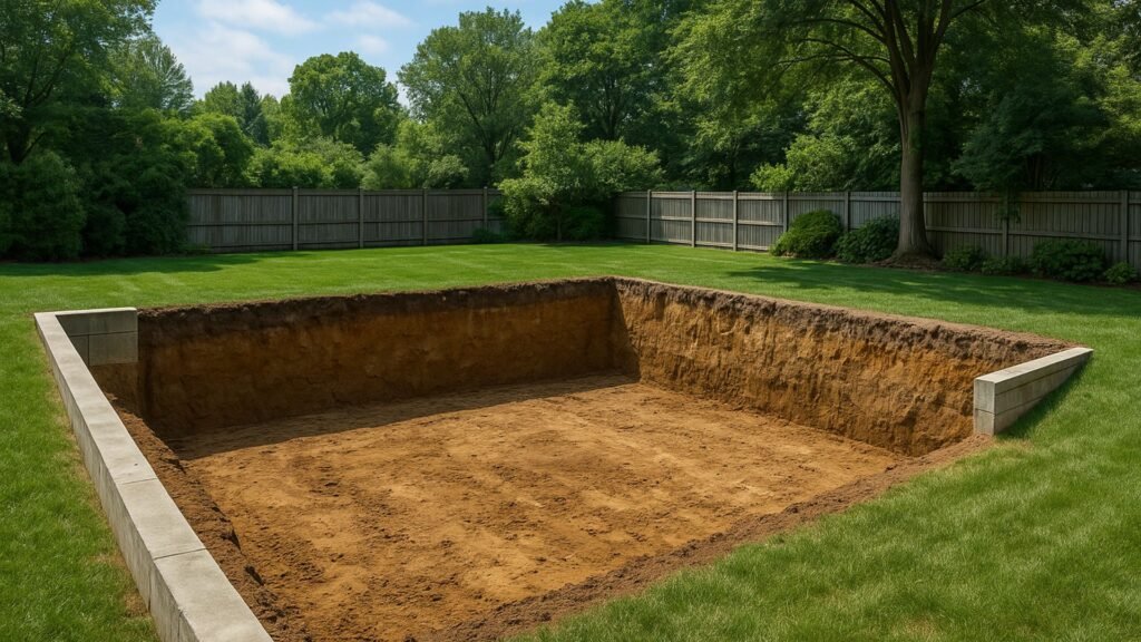 Rectangular pool excavation hole dug in Connecticut backyard with exposed soil and lawn
