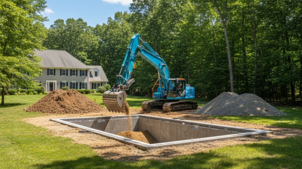 Blue excavator excavating rectangular swimming pool installation in Connecticut backyard