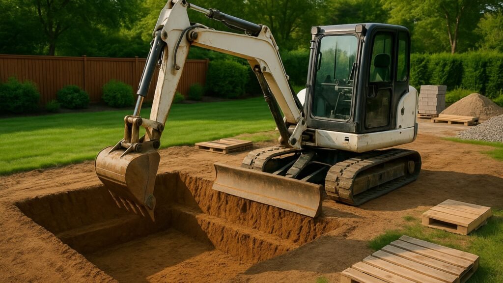 White track excavator performing precise pool shell excavation in Connecticut backyard