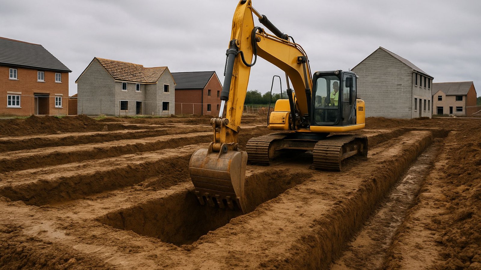 Systematic excavation work preparing foundations at residential development project