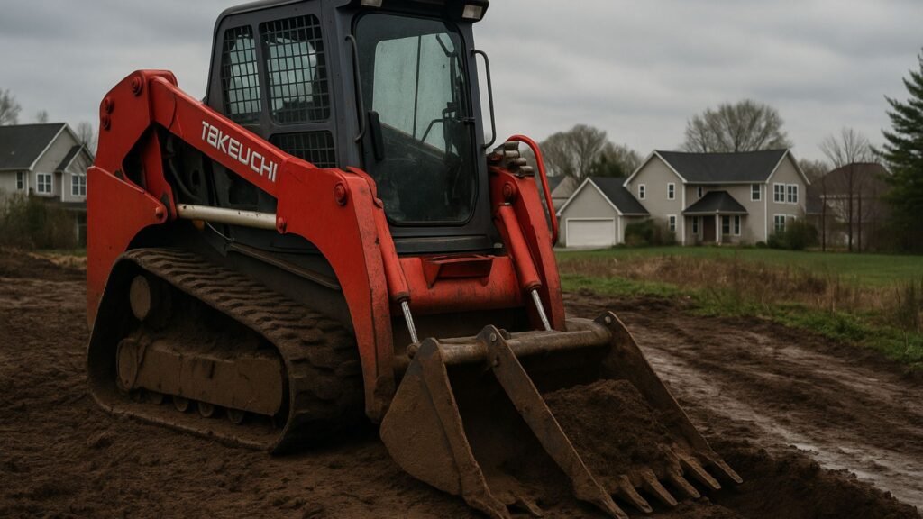 Red Takeuchi compact loader with trenching bucket on muddy site, houses in background