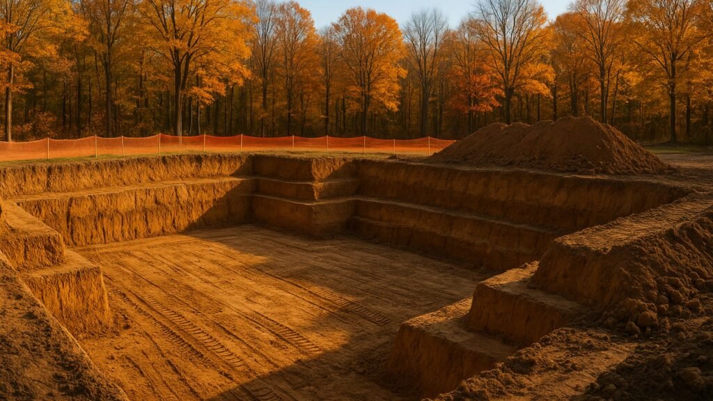 Multi-level foundation excavation with terraced sides and safety barriers in autumn setting