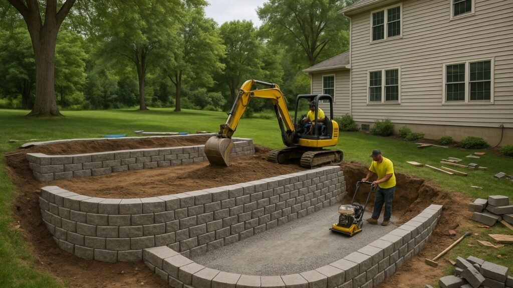 Wide view of three-level retaining wall construction project in residential backyard setting