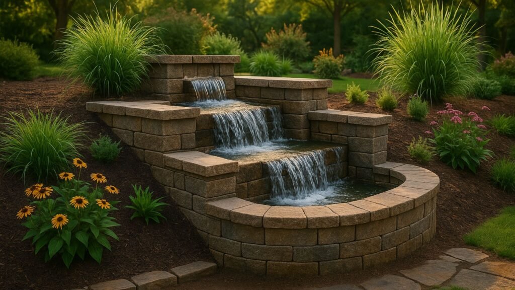 Tiered retaining walls with water cascading between levels surrounded by ornamental plants