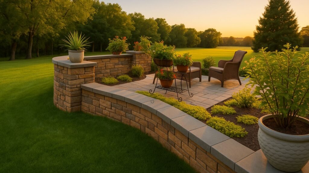 Curved stone retaining wall supporting a raised patio with wicker chairs, planters, and greenery during golden hour in a rural backyard.