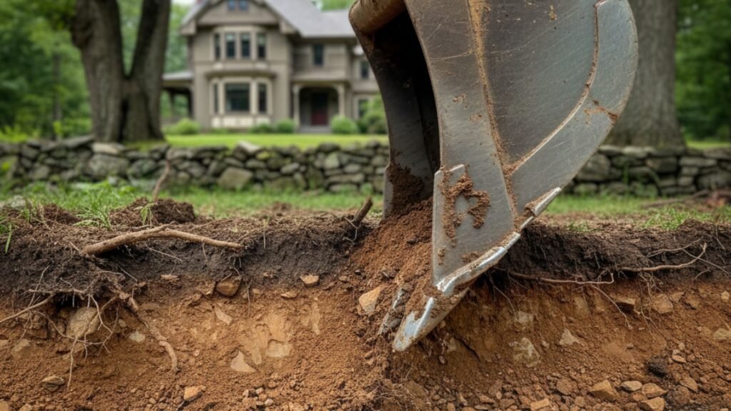 Close-up excavator bucket cutting soil at Queen Anne home site in Woodbury CT