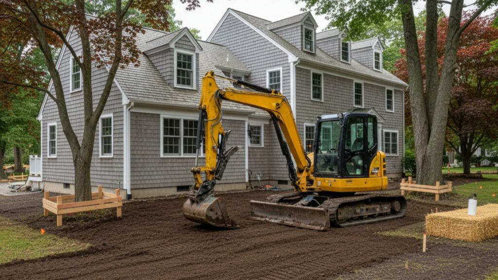 Mini excavator performing final grading after foundation excavation completion Woodbridge CT