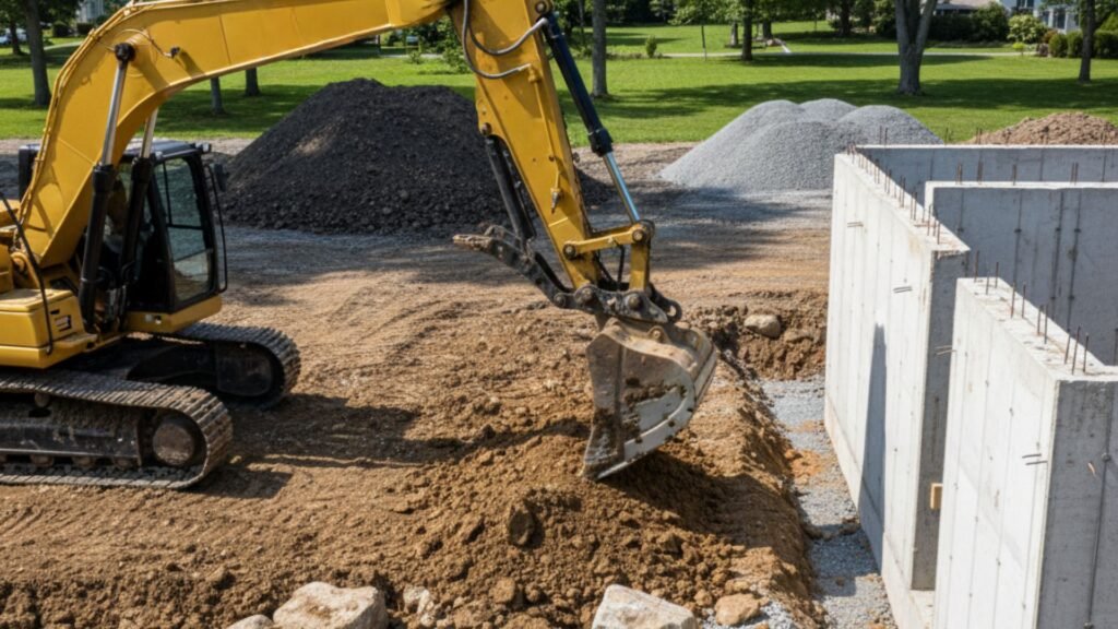 Yellow excavator working near concrete foundation with soil and stone materials visible