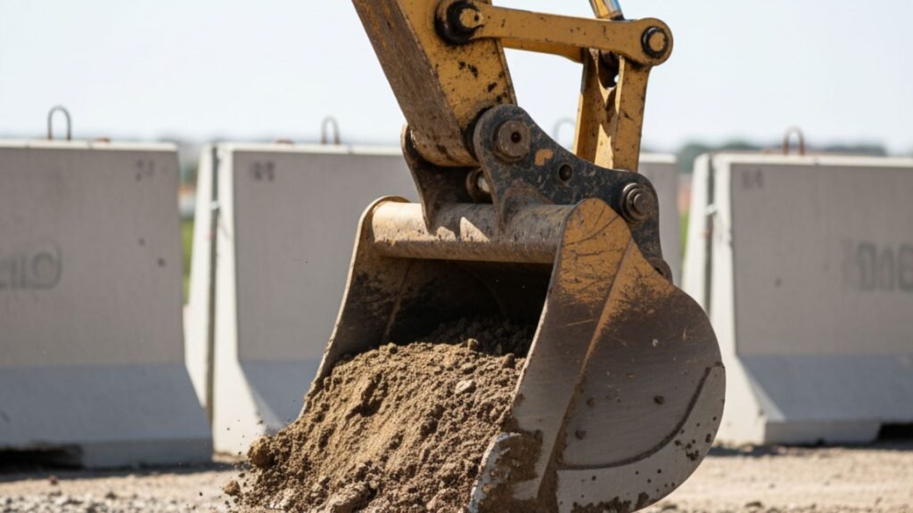 Construction excavator scooping soil and gravel with hydraulic systems visible at worksite