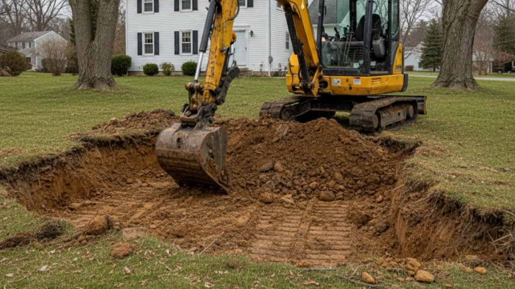 Professional excavator digging foundation near Connecticut colonial home with natural landscaping