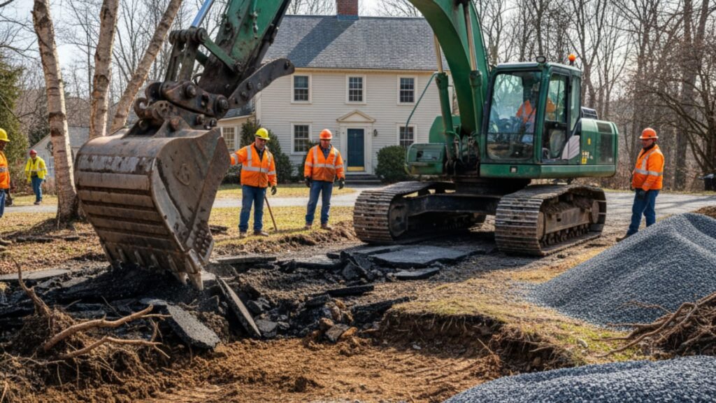 Professional excavator removing old driveway at Colonial farmhouse in Ansonia Connecticut