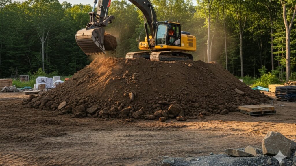 Yellow construction excavator with extended arm working on earthwork in Prospect CT