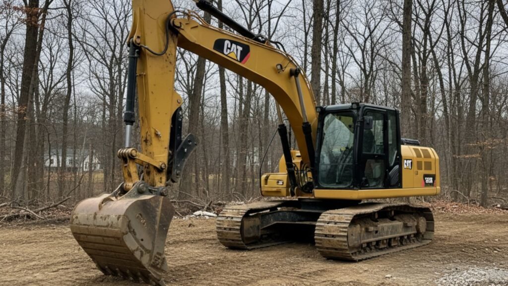 Yellow CAT excavator on dirt ground with bare trees in background for residential excavation services
