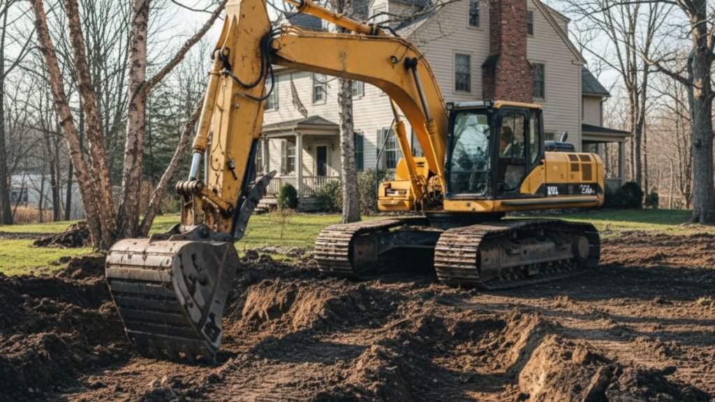 Yellow excavator digging foundation at Colonial home construction site in Seymour CT