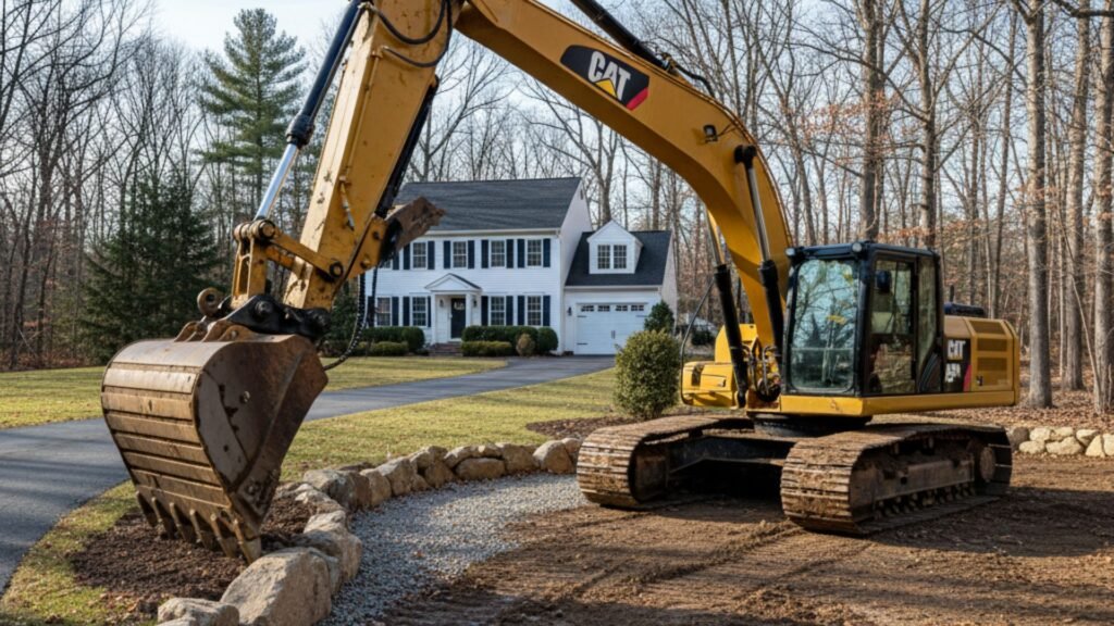 Professional excavator positioned beside residential driveway for excavation services in Monroe CT