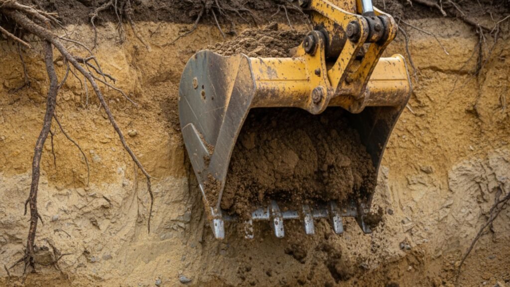 Excavator bucket digging into layered Connecticut soil showing natural stratification in Watertown