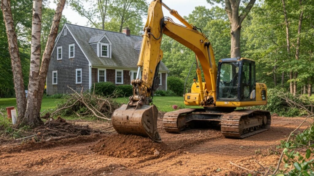 Site preparation and grading near Cape Cod house in Watertown CT with native birch trees