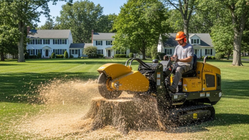 Yellow stump grinding machine removing tree stump in Connecticut residential yard with houses in background
