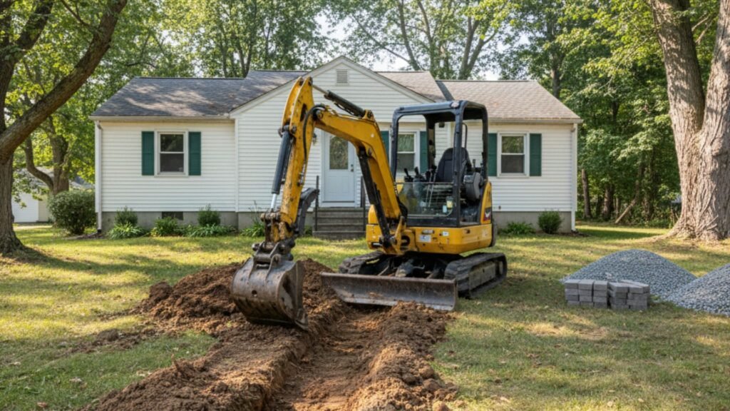 Compact excavator digging walkway trench at Traditional home in Seymour CT