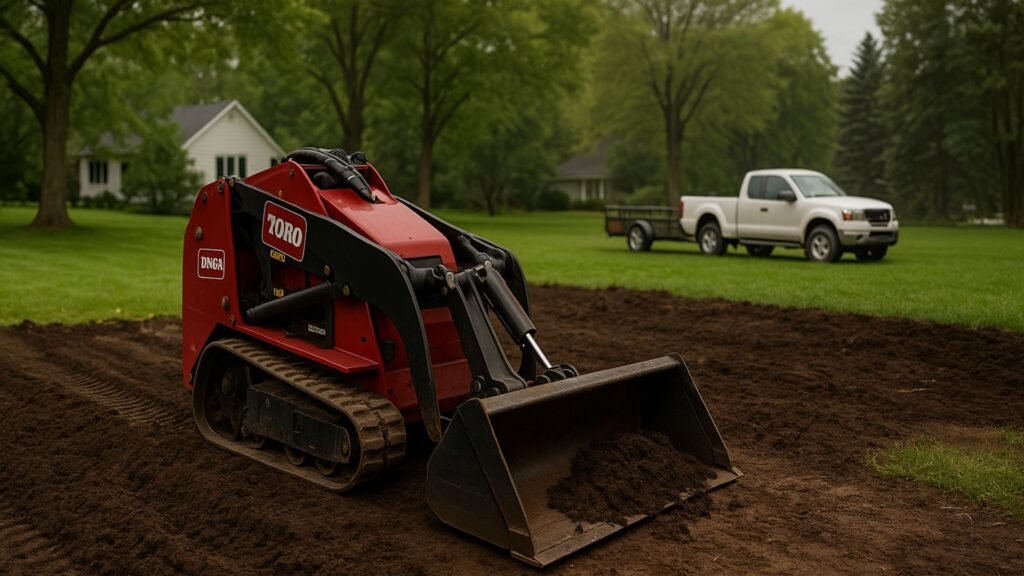 Red Toro Dingo tracked loader with bucket on tilled soil, green lawn and house in background