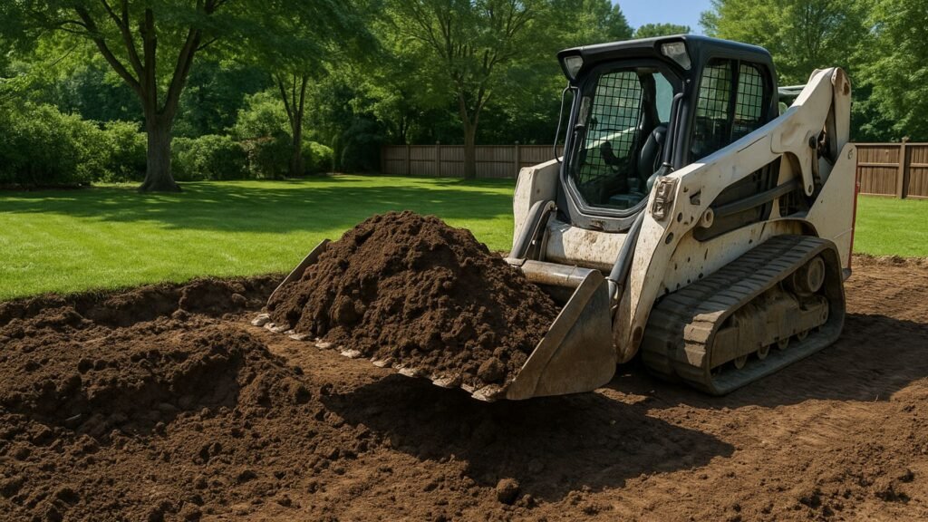 Compact track loader moving soil during residential excavation work in Connecticut backyard