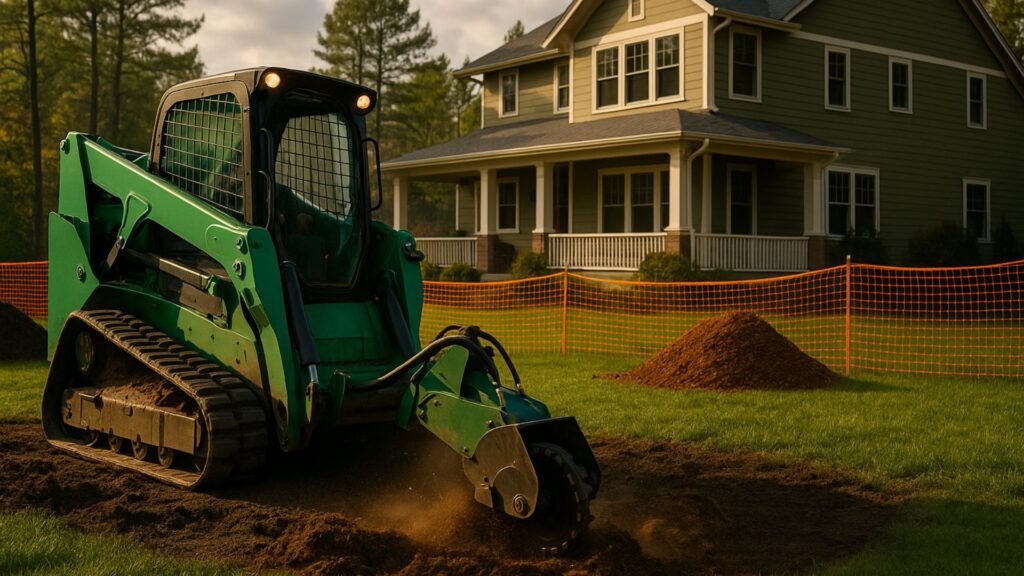 Green track loader in backyard with construction fencing and craftsman house in background