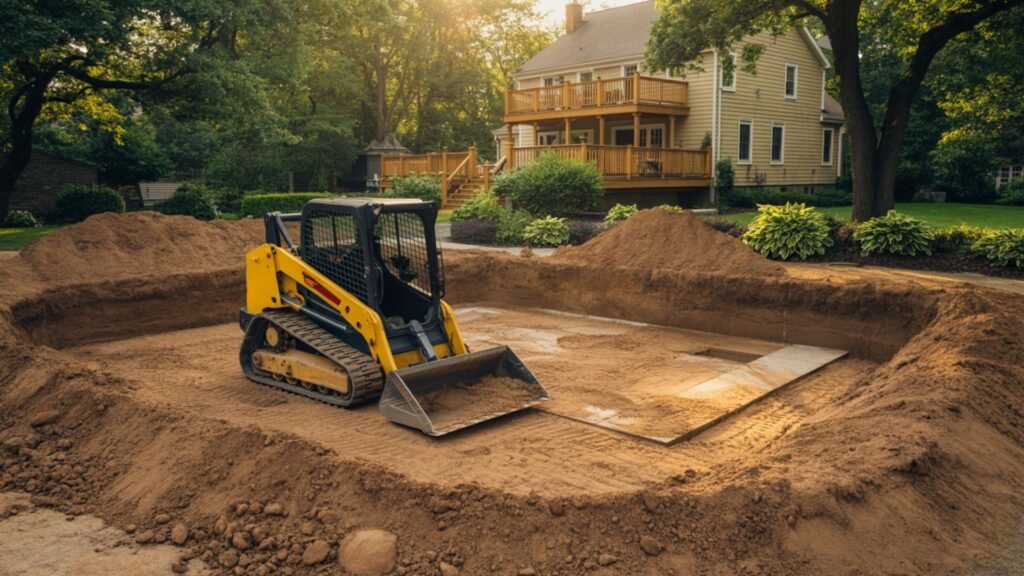 Track loader excavating backyard pool site with Connecticut home and landscaping in background
